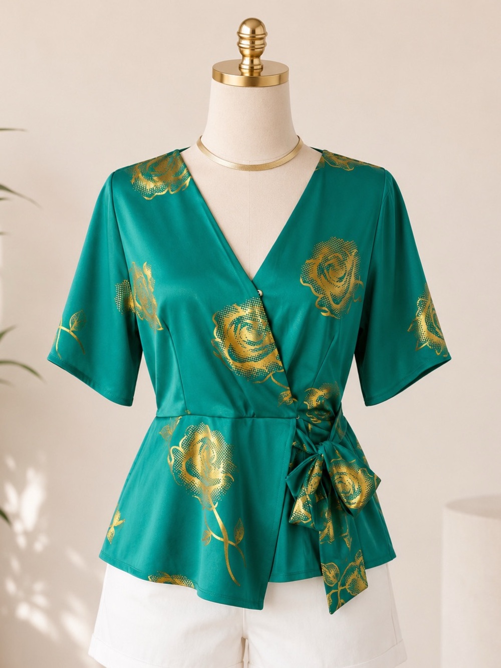 Green Floral Wrap Peplum Blouse with Gold Rose Print